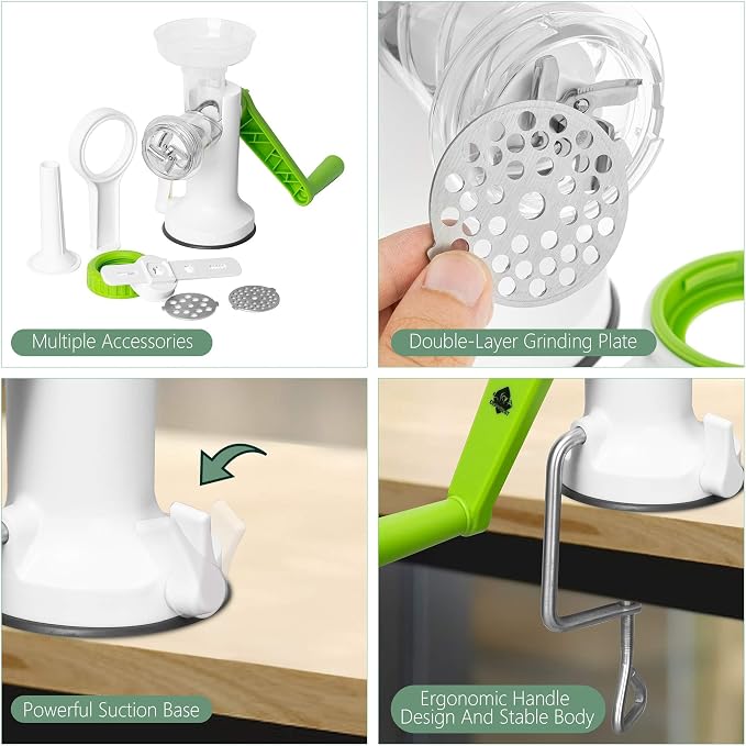 LHS Manual Meat Grinder, Heavy Duty Meat Mincer Sausage Stuffer,Hand Grinder with Stainless Steel Blades for Meat, Sausage, Cookies,Green(3 in 1, with table clamp)