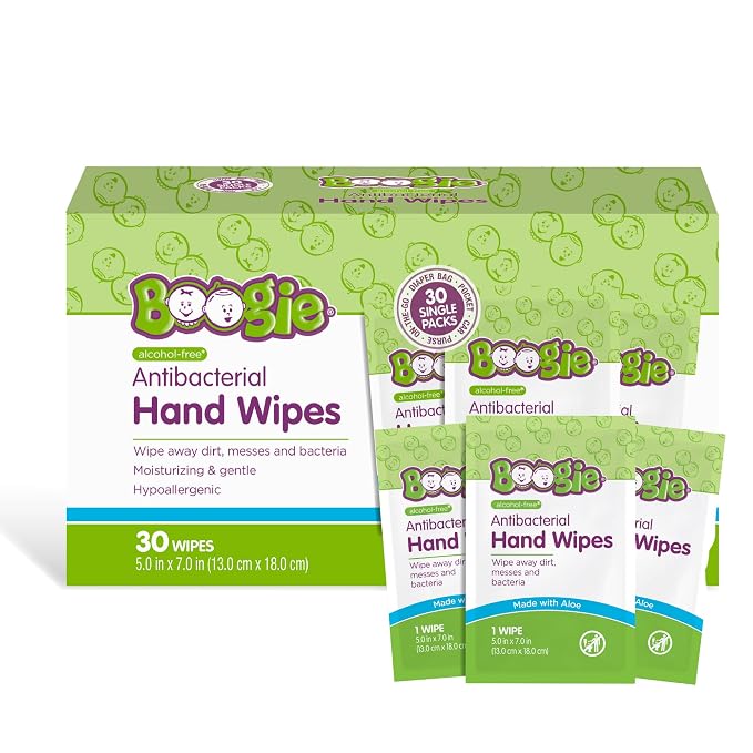 Boogie Antibacterial Hand Wipes - 30 Count - Hypoallergenic & Alcohol-Free - Individually Wrapped - Travel and Diaper Bag Essential