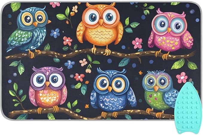Vibrant Owls Branches Flowers Spring Ironing Mat Portable Ironing Pad Blanket with Silicone Iron Rest for Table Top Travel Heat Resistant Double-Side Using Large 47x28 Inch Foldable