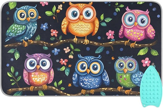 Vibrant Owls Branches Flowers Spring Ironing Mat Portable Ironing Pad Blanket with Silicone Iron Rest for Table Top Travel Heat Resistant Double-Side Using Large 47x28 Inch Foldable