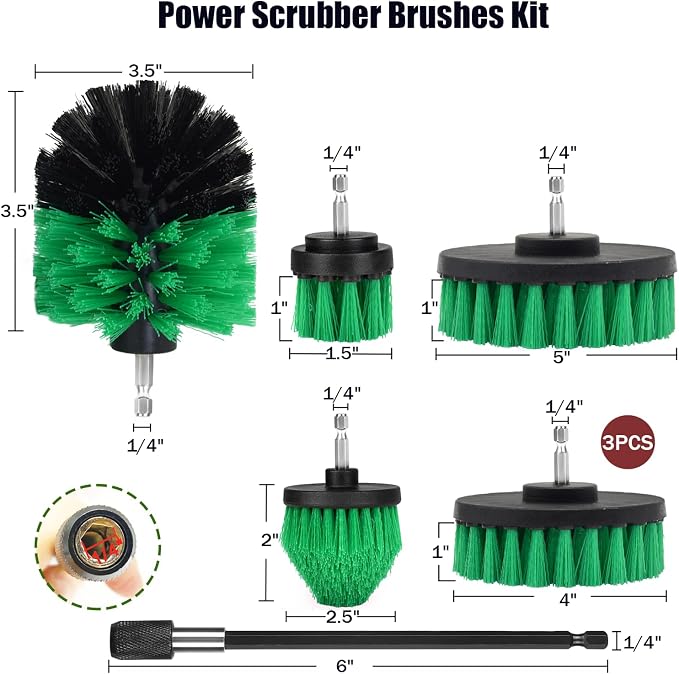 8 Pack Drill Brush Attachment Set,1/4in Power Scrubber Brush + Extend Long Rod, Multi-Purpose Brush Drill Attachment, Power Cleaning Scrub Brush for Bathroom, Tub, Tile(Green)