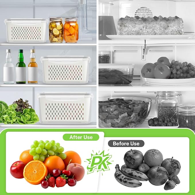 5 Pack Fridge Storage Containers with Vent Handle BPA Free Plastic with Removable Colander, Stackable Refrigerator Organizer Bins Stackable Refrigerator Organizer Bins for Berry, Meat, Vegetable