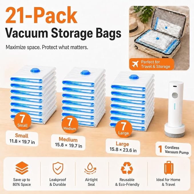 21 Pack Vacuum Bags for Travel with Rechargeable Air Pump, Carry-On Compression Bags for Luggage and Suitcase, Space Saver Storage for Clothing and Travel Organization