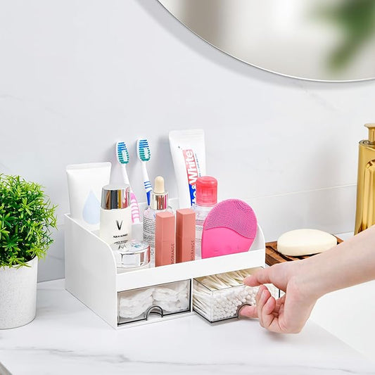 VITVITI Toothbrush Holders for Bathroom Sink, 4 Slots Bathroom Countertop Organizer with 2 Drawers, Plastic Kids Toothpaste Holder Bathrooms Counter Organizer for Vanity, White