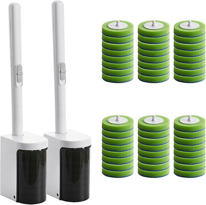 2 Pack Disposable Toilet Brush and Holder Set with 48 Wand Refills, Wall Mounted Toilet Bowl Cleaning Brush, Hygienic Bathroom Toilet Scrubber Kit