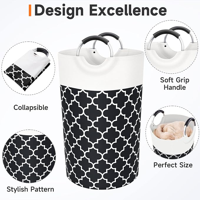 Large Laundry Basket, 82L Tall Collapsible Hamper with Handles, Black | Freestanding Laundry Hamper, Waterproof Dirty Clothes Storage Bag for College, Bathroom, Foldable Washing Bin for Travel