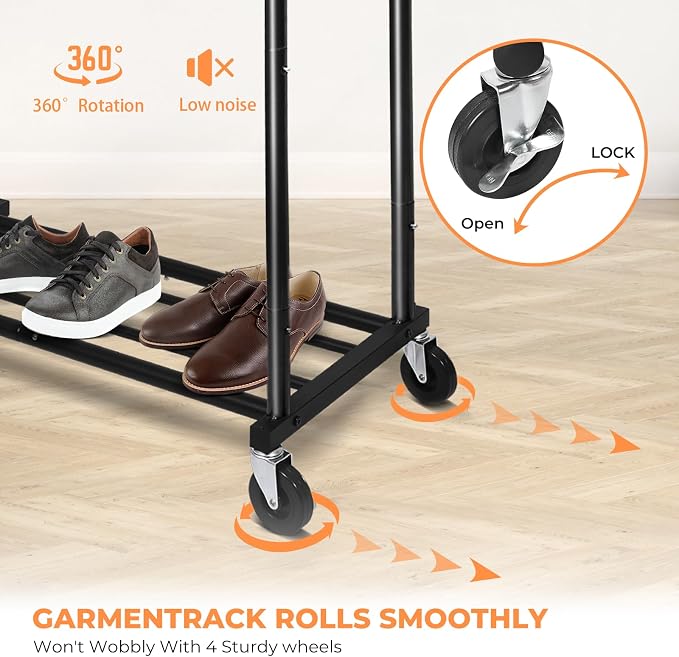Fishat 48"W x 15"D x 67"H Portable Black Double Rods Garment Clothes Rack | Metal Freestanding Hanging Organizer, Mobile Lockable Wheels, Portable Freestanding, for Storage, Drying, Bedroom