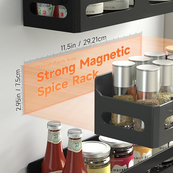 Sevenblue 2-Pack Magnetic Spice Rack for Refrigerator with Hooks, Black | Strong multipurpose magnetic shelf for kitchen & bathroom organization. Includes 4 removable hooks for hanging items.