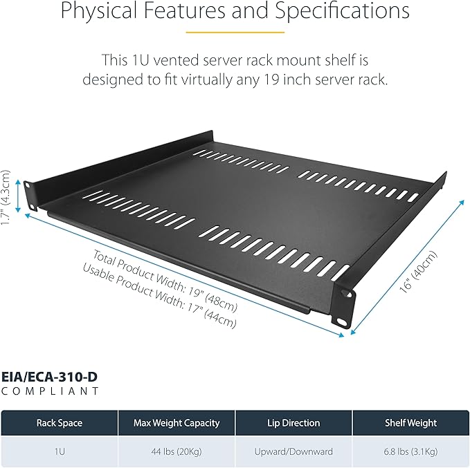 StarTech 1U Vented Cantilever Rack Shelf, 16in, 44lb/20kg (CABSHELF116V) | Universal vented rack mount tray, For 19in network equipment rack & cabinet, Heavy duty steel, 16in deep