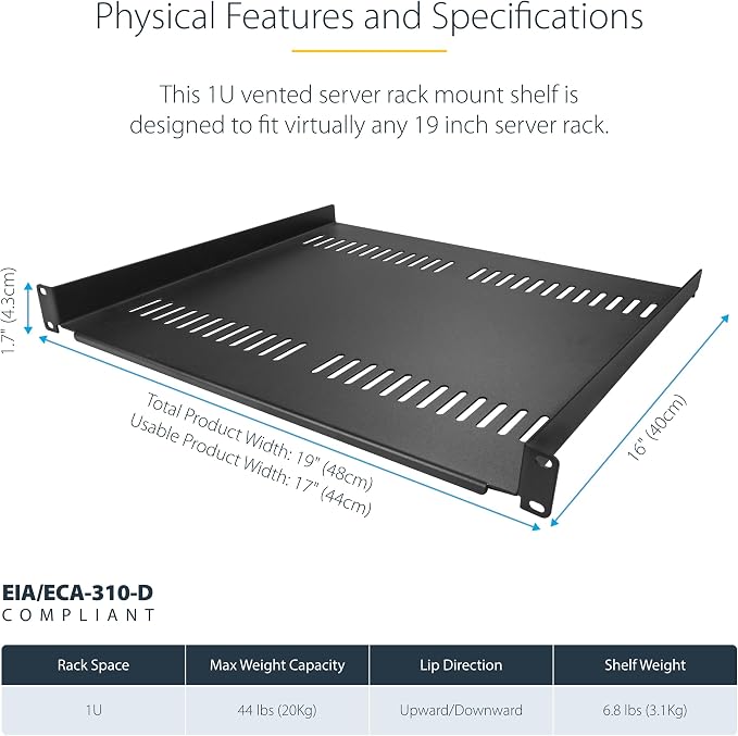 StarTech 2-Pack 1U Vented Cantilever Shelf, 16in, 44lb (CABSHELF116V2PK) | 44lb/20kg each, 16in/40cm deep, 14-gauge SPCC steel, EIA-310 fit