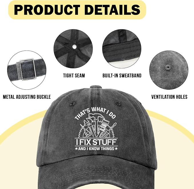Funny Tool Hats That's What I Do I Fix Stuff and I Know Things Printed Cotton Adjustable Baseball Caps Men's Distressed Black Baseball Hats Trendy Birthday Gifts for Dad Husband Neighbor