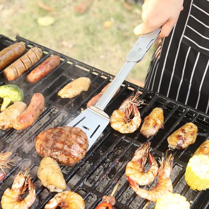 ROXON S601 6-in-1 Folding Grill Tool Set,14" BBQ Utensils for Camping Green | Includes Fork, Spatula, Knife, Tongs, Bottle Opener & Corkscrew. LFGB Certified, Dishwasher-Safe, Portable for Outdoor BBQ