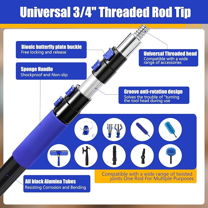 26FT Light Bulb Changer Kit with Ceiling Fan Cleaner Extension Pole Blue | Telescoping Lightbulb Changing Pole,Cobweb Brush Extendable Duster,Spider Web Brush and Window Squeegee Cleaning