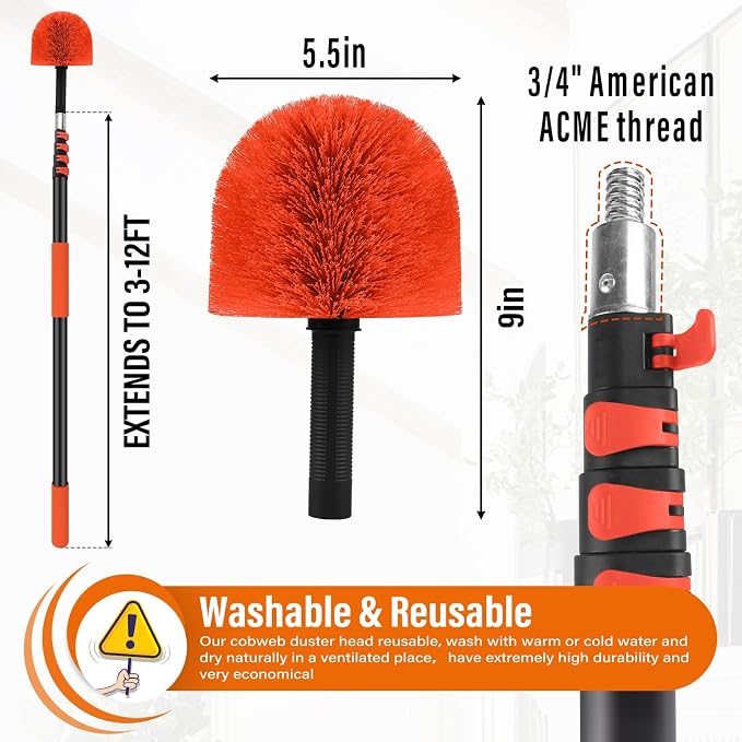 18FT Cobweb Duster with Extension Pole,Spider Web Brush with Pole | Extend 3-12FT,Spiderweb Cleaner with 4-Stage Telescopic Aluminum Pole,Spider Brush Cobweb for Outdoor & Indoor Cleaning