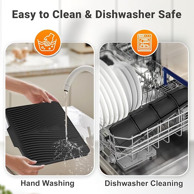 Silicone Dish Drying Mat for Kitchen counter, 15.8"x13" 2Pcs Extra Large Non-Slip Drain Pad with Built-in Drainage, Heat Resistant Dishwasher Safe, Black