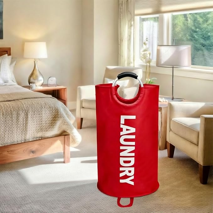 Maxsilan 90L Large Laundry Basket Bag, Collapsible Tall Hamper, Red | Freestanding tall laundry bag & foldable washing basket. Extra large clothes storage bin with durable sturdy handles