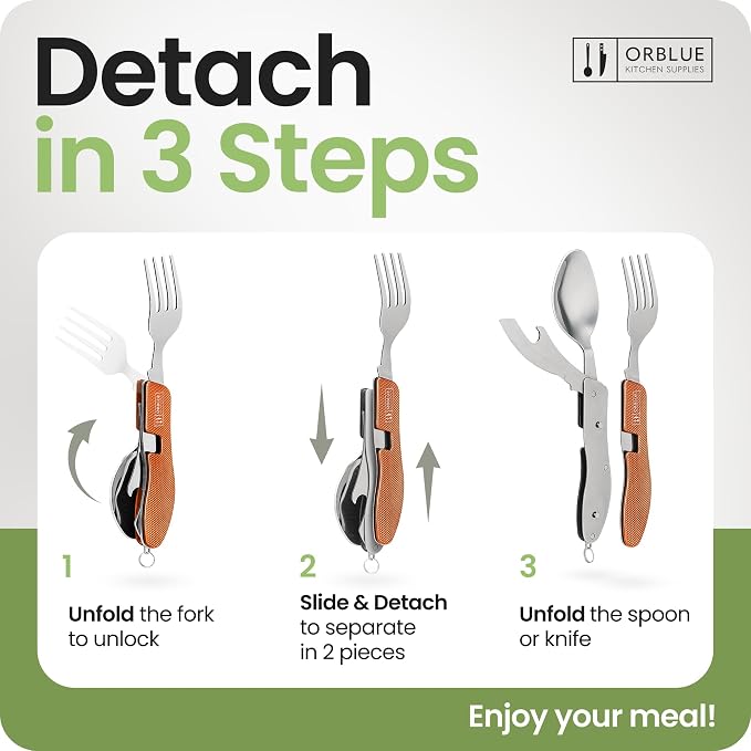 Orblue 4-in-1 Camping Eating Utensils, 2-Pack - Portable Spoon, Fork, Knife & Bottle Opener Combo Set - Stainless Steel Flatware with Detachable Fork - Travel, Backpacking Cutlery Multitool, Orange