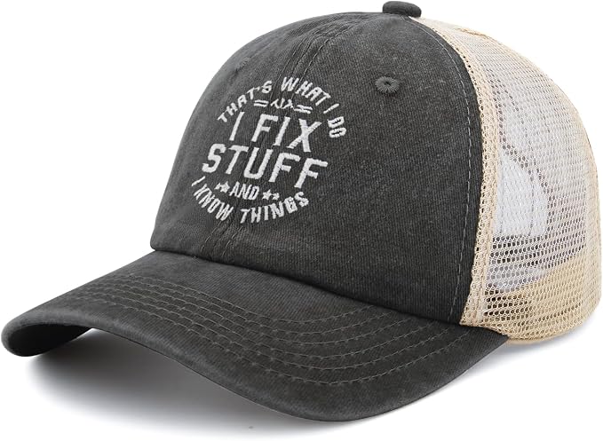 Embroidered That's What I Do I Fix Stuff & I Know Things Vintage Cotton Washed Soft Mesh Baseball Hat