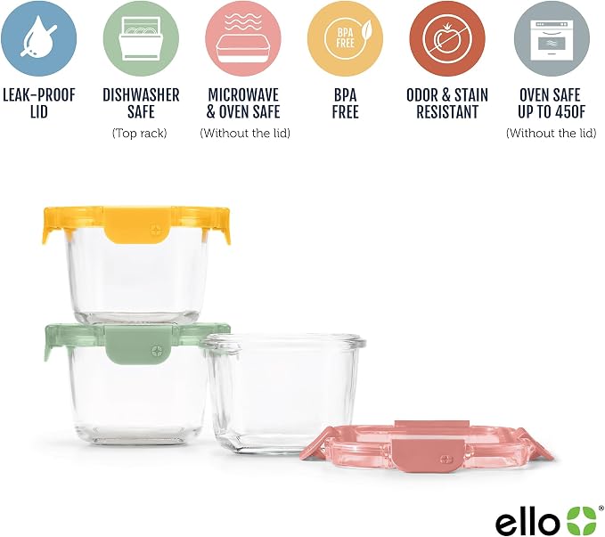 Ello Color Lock Glass Meal Prep Sets Leak-Proof Glass Food Storage Containers with Airtight BPA-Free Plastic Lids, Dishwasher, Microwave, and Freezer Safe