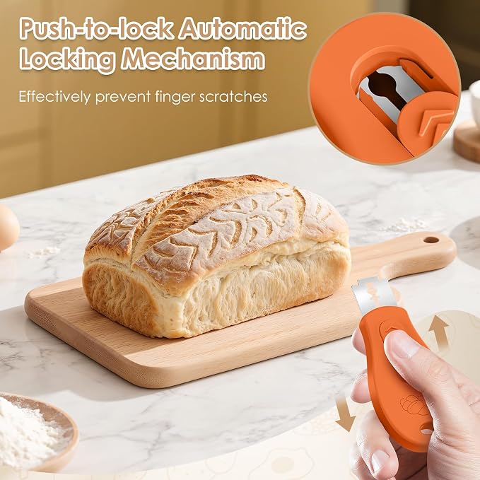 Bread Lame Sourdough Scoring Tool, Extractable & Magnetic Bread Scoring Tool, Scoring Knife for Bread Baking, Bread Razor for Homemade Bread, Sourdough Scorer Tool, Includes 5 Razor Blades-Orange