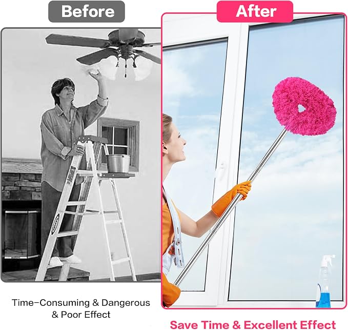 Ceiling Fan Cleaner Duster Reusable Microfiber Ceiling Fan Blade Cleaner Removable Duster with Extension Pole Adjusts 13 to 49.7 Inch for Cleaning Walls Bookshelves Furniture Door Window Top (Rosy)