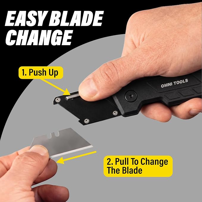 Heavy Duty Folding Utility Knife with 5 Replacement Blades, Quick Change Razor Box Cutter, Ergonomic Handle, Portable Pocket Cutter for Cardboard, Drywall, Plastic, Rope, Carpet and DIY Projects
