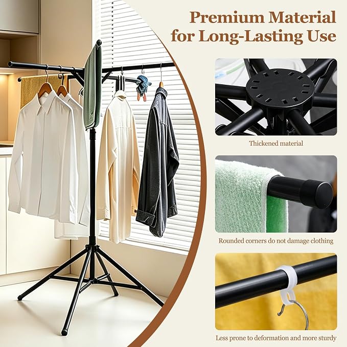 Adjustable Collapsible Umbrella Style Clothes Drying Rack, 4Legs6Telescopic Arms, Space-Saving Freestanding Laundry Airer with Windproof Clips, Easy Setup Indoor Outdoor (Black-Carbon Steel)