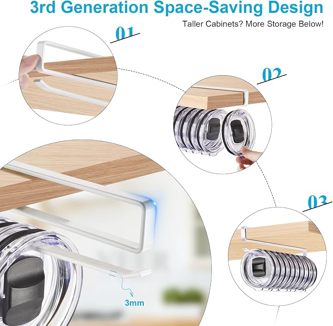 4Pack Tumbler Lid Organizer for Corner Cabinets, Space-Saving Coffee Cup Holder, Water Bottle Accessories Storage, Kitchen Organization, No Adhesive or Drilling Needed up to 48 Lids (White)