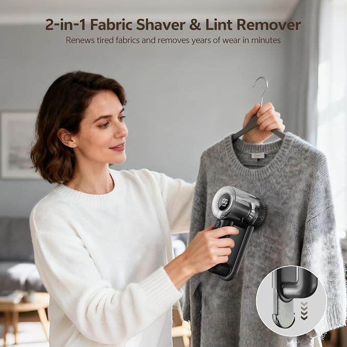 Rechargeable Fabric Shaver, 2-in-1 Lint Remover with 6-Blade | For sweaters, blankets, coats and cloth upholstery, with 200ml container, LED display, USB-C charging and 3 speeds