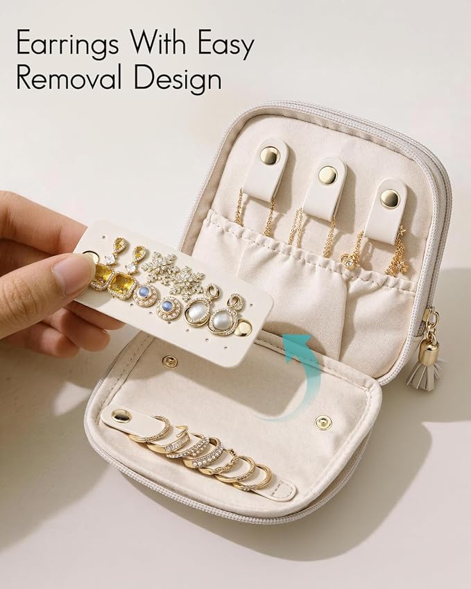 VLANDO Jewelry Travel Case with 2 Layers for Necklaces,Rings,Earrings | PU Leather Organizer with Divided Sections,Velvet Lining,Gift for Bride,Bridesmaid,Women,Girls,Cream White