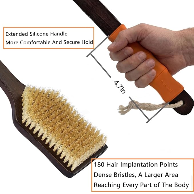 Back Scrubber Shower Brush,Dry Brushing Body Brush with 17.7 Inch Curved Long Handle, Natural Bristles for Lymphatic Drainage, Soft & Stiff Bristles Available (Orange Handle, Medium)