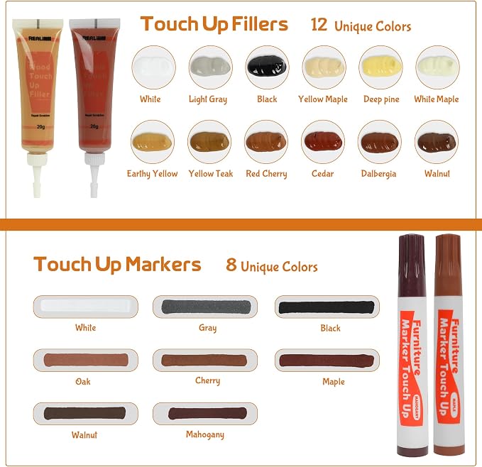 Wood Furniture Repair Kit- Set of 28 - Touch Up Markers | Fillers with Wood Putty - Repair Scratch, Cracks, Hole, Discoloration for Wooden Door, Floor, Table, Cabinet