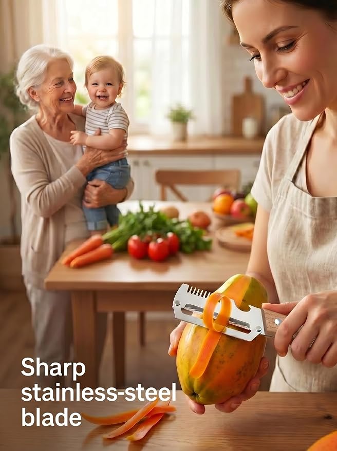 3 in 1 Multifunction Vegetable Peeler with Wooden Handle 3 Pcs | Bottle Opener Grater Veggie Stainless Steel Hand Held Peeler for Apple Potato Pumpkin Carrot Fruit Peeler for Kitchen Picnic