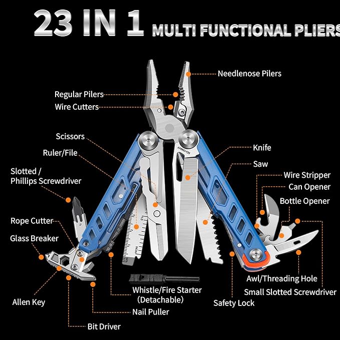23-in-1 Multitool Pliers with Scissors, Wire Cutters, Window Breaker, Flint, Saw Screwdrivers Bottle Opener,High-carbon Steel Multi Tool with Carrying Pouch Ideal for Camping Survival and Gift