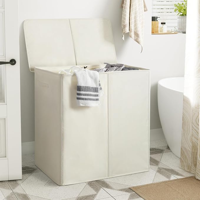 WOWLIVE 180L Double Laundry Hamper 2 Section with Lid and Removable Bags | Divided Laundry Basket, Large Dirty Clothes Hamper with Handle, Collapsible Laundry Storage for Dorm Room, College, Beige