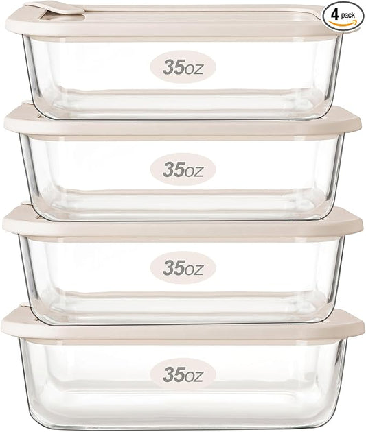 Urban Green Glass Food Storage Containers with Glass Lids, Microwave Safe Food Container Set, Airtight Food Container Set, LeakProof, 100% Plastic Free, White Color, 4pack