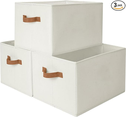 StorageWorks Foldable Storage Bins with PU Handles, Closet Storage Baskets, Fabric Bins for Clothes Storage, Ivory White, 3-Pack, Extra Large