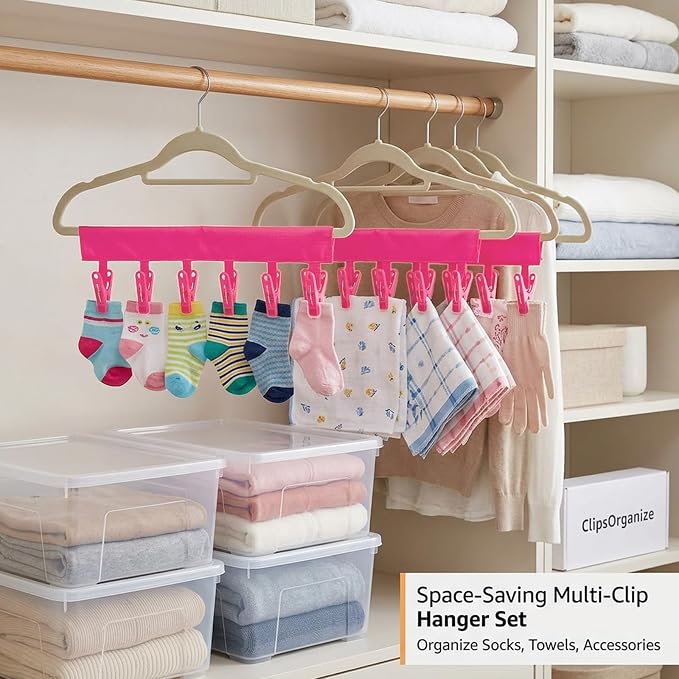 Mini Clothespins Travel Hangers 3-Pack Rose Red, Foldable Portable Clothes Hangers with 6 Non-Slip Clips for Socks Swimsuit Towel Drying Rack, Cruise Dorm Camping Travel Essentials