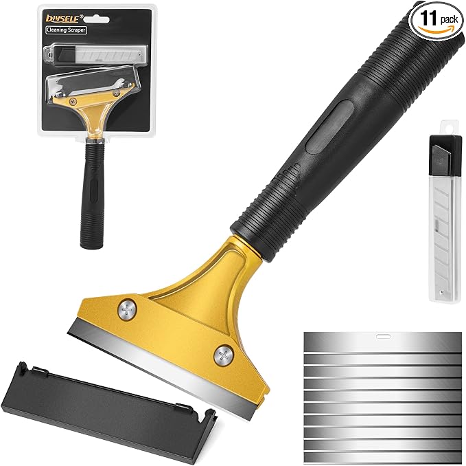 DIYSELF Razor Blade Scraper, Heavy Duty Tile Scraper with 10 SK5 Blades | Protective Cover, Razor Blade for Removing Paint, Wallpaper & Glue from Floors, Glass & Stoves, Razor Scraper Tool, Gold