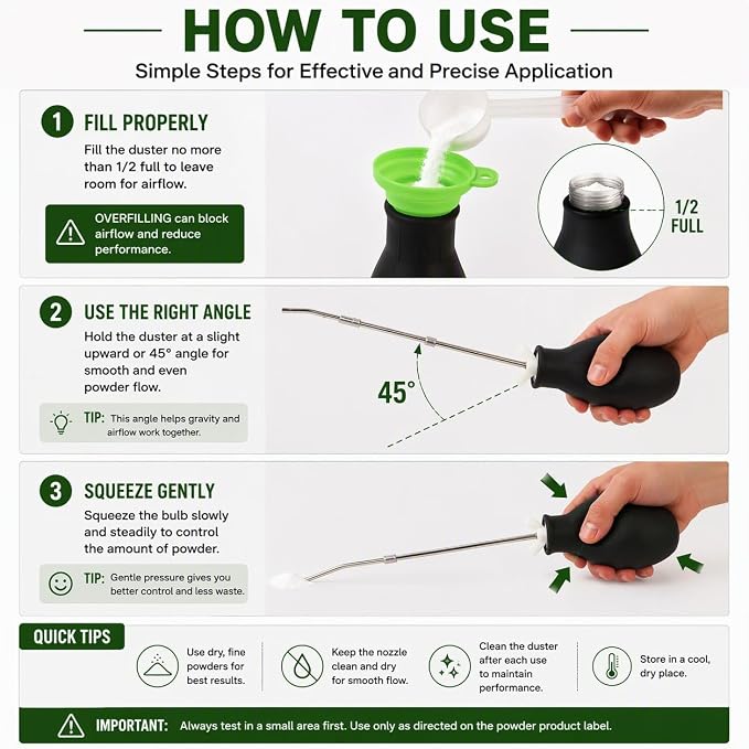 Diatomaceous Earth Powder Duster, 8 oz Bulb Applicator with 5–22 in Extendable Metal Nozzle, Threaded Leak-Resistant Seal, Powder Dispenser with Funnel and Scoop for Indoor, Outdoor and Garden Use