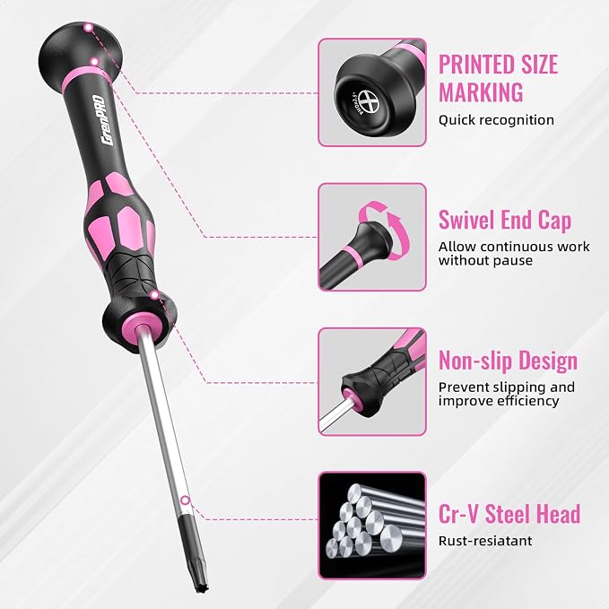 GRENPRO 10-Piece Precision Screwdriver Set, Magnetic Small Screwdrivers with Phillips, Slotted, Torx Star for Eyeglass, Watch, Computer, Laptop, Phone,Pink