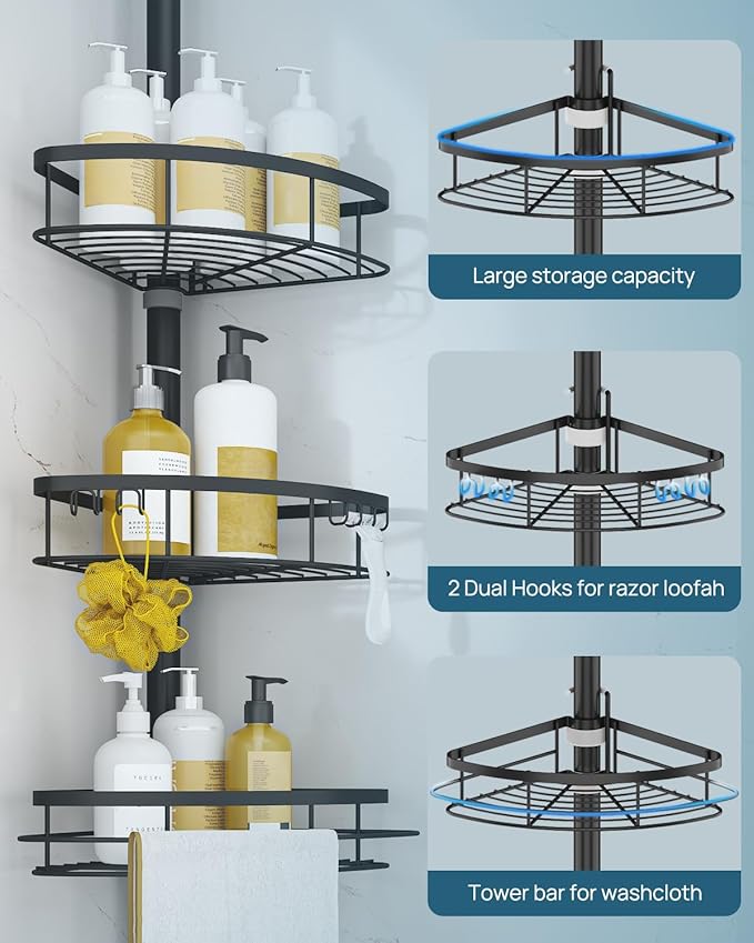 SEIRIONE Rustproof Shower Corner Caddy Organizer for Bathroom, 4-Tier Adjustable Bathroom Shelf with Tension Pole, Solid Rack Ideal for Bathtub Storage, 34 to 116 Inch Height, Black