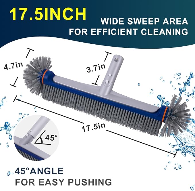 POOLAZA 360 Degree Pool Brush - Heavy Duty 17.5" Pool Brush Head for inground Pools/Above Ground Pools, Spa, Hot Tub, Premium Bristle & Aluminum Handle for Standard Pool Pole