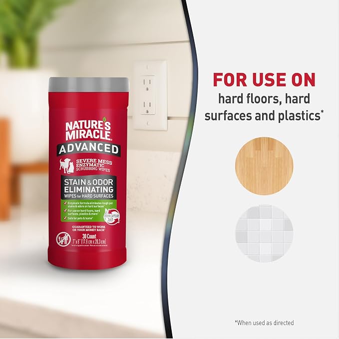 Nature's Miracle Advanced Pet Stain & Odor Eliminating Wipes, 30 Count | Enzymatic Cleaner Eliminates Tough Pet Messes, Quick Clean-Up For Hard Surfaces, Safe For Pets and Home*, Fresh Scent