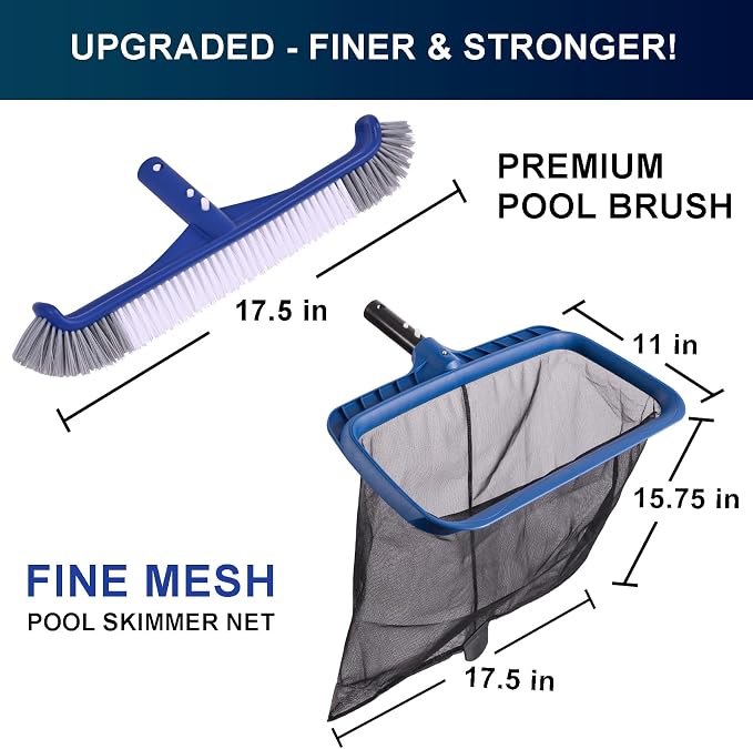 Fine Mesh Pool Skimmer Net & Pool Brush Kit, Durable Pool Cleaning Kit Includes Pool Net Skimmer with Sturdy Frame &17.5" Professional Pool Brush Head for Inground Pools & Above Ground Pools