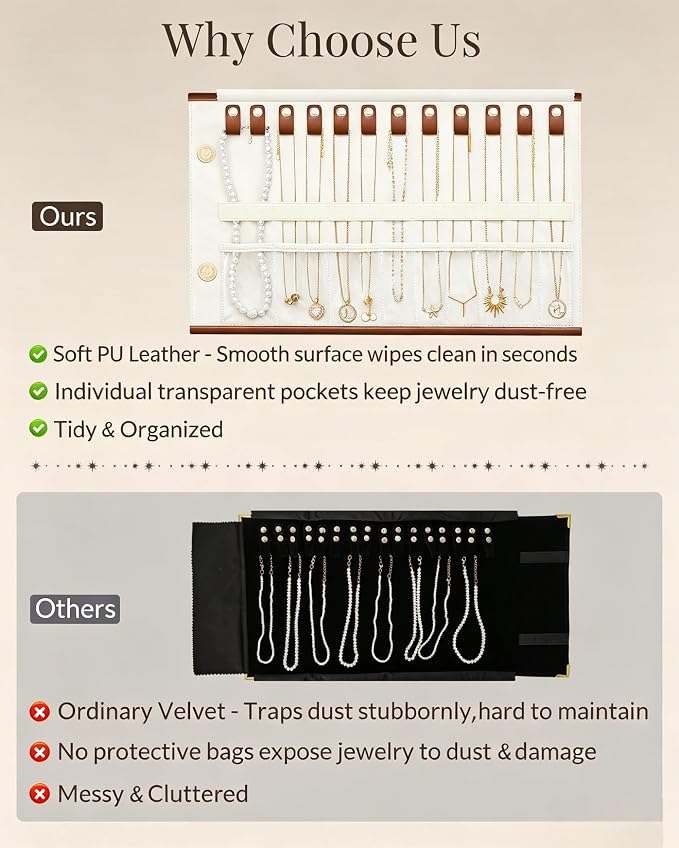 Lolalet Travel Necklace Organizer, Foldable Jewelry Case, Caramel, 12 Slots | Tangle-Free, Roll Up, PU Outer, Velvet Lining, Space-Saving, for Chains Bracelets, Gift for Women Girls Daughters Friends