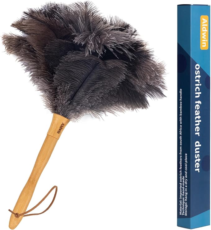 Genuine Ostrich Feather Duster with Wood Handle, 16 inch Gray | Aldwin Fluffy Natural Reusable Duster, Eco-Friendly Handheld Cleaning Duster for Car, Home, Office and Kitchen