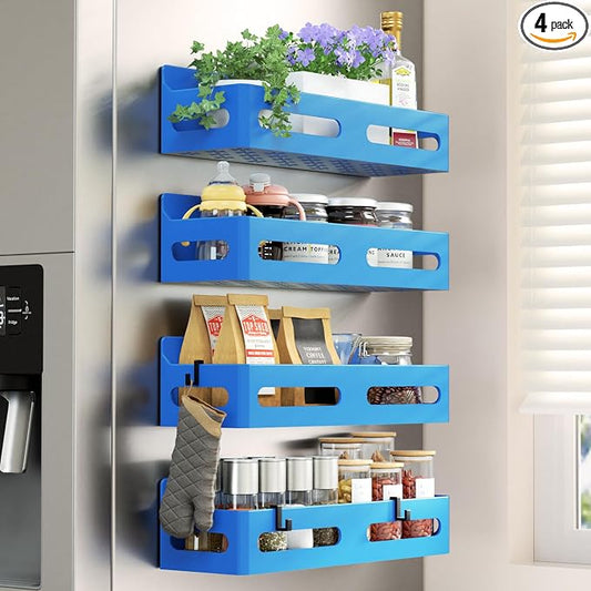Sevenblue 4-Pack Magnetic Spice Rack for Refrigerator with Hooks, Blue | Strong multipurpose magnetic shelf for kitchen & bathroom organization. Includes 4 removable hooks for hanging items.