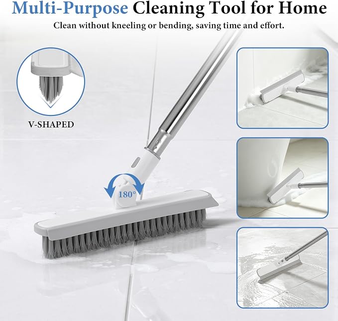7-in-1 Floor Scrub Brush Magic Silicone Broom Set with Long Handle | Tile Tub Scrubber Brush, V-Shaped Grout Brush, Clothes Hook Pole, 2 in 1 Window Cleaner Squeegee for for Shower Bathroom Wall