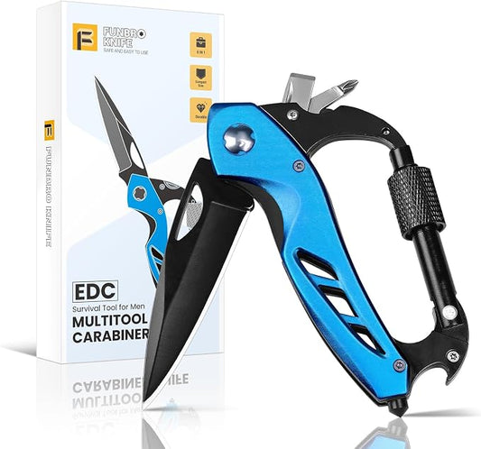 FUNBRO EDC Multitool Carabiner with Knife, Bottle Opener | Window Breaker and Screwdriver, Knives Tools for Men Outdoor Camping (Blue)